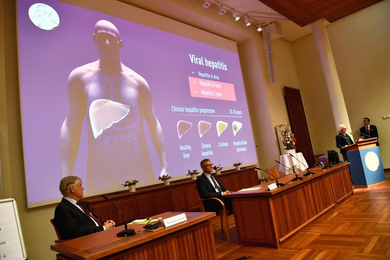 Larsson, Ernfors, Karlsson Hedestam and Perlmann (Secretary), of the Nobel Committee for Physiology or Medicine present the winners of the 2020 Nobel Prize in Physiology or Medicine Harvey J. Alter, Michael Houghton and Charles M. Rice