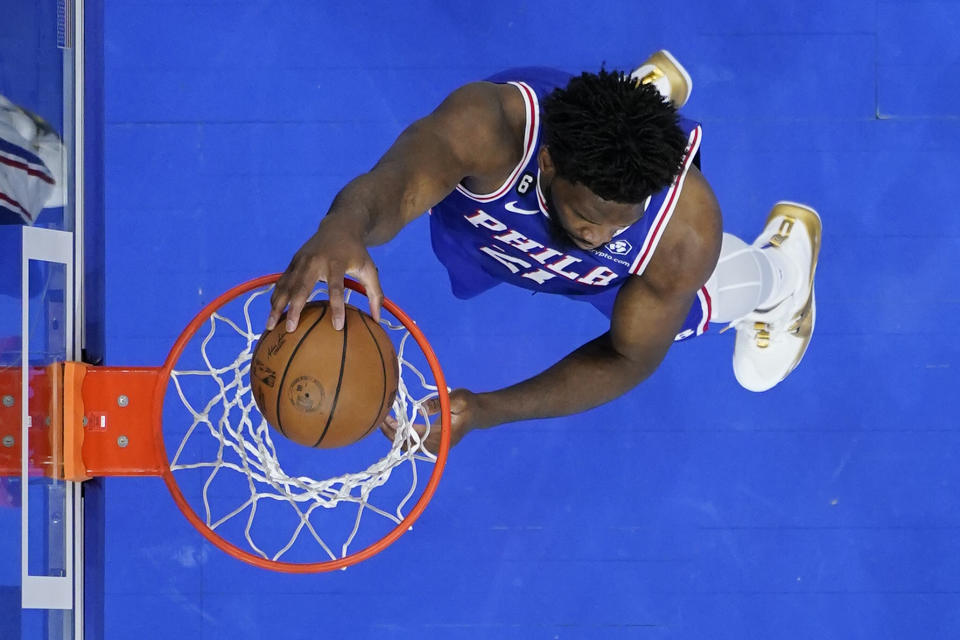 Philadelphia 76ers' Joel Embiid dunks against the Boston Celtics during the second half of Game 6 of an NBA basketball playoffs Eastern Conference semifinal, Thursday, May 11, 2023, in Philadelphia. (AP Photo/Matt Slocum)