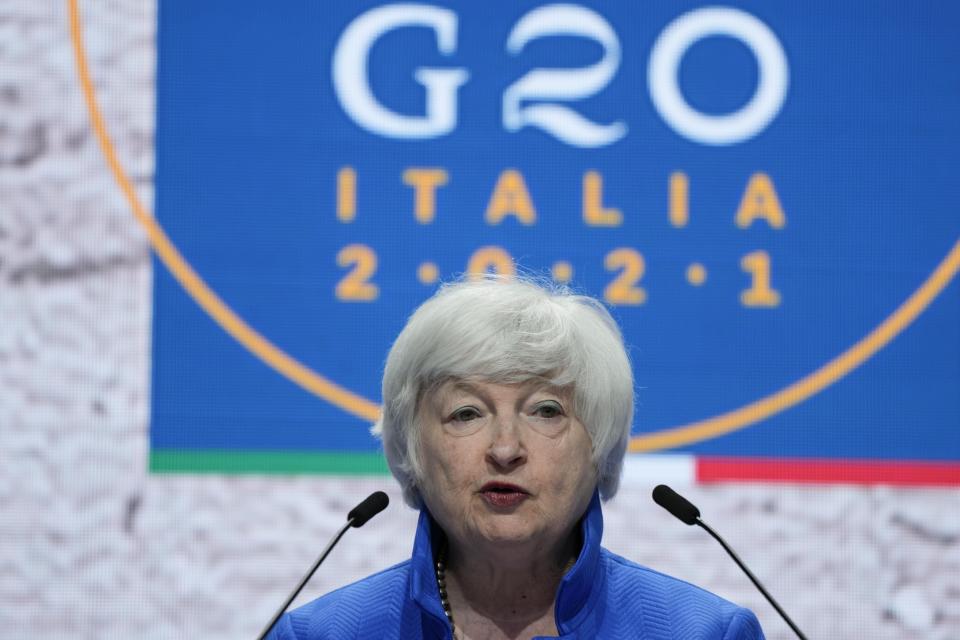 United States Secretary of the treasury Janet Yellen speaks during a press conference at a G20 Economy, Finance ministers and Central bank governors' meeting in Venice, Italy, Sunday, July 11, 2021. (AP Photo/Luca Bruno)