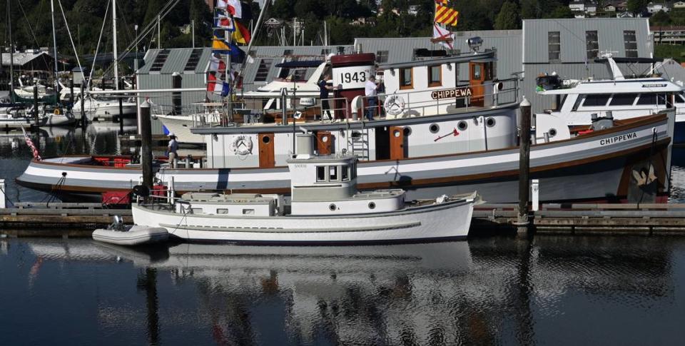 The tug Chippewa rests moored at Percival Landing on race day for the 2022 Olympia Harbor Days festival. Formerly known as the Roland Foss and built in 1943 for use in World War II, the 85-foot vessel is currently owned by Jeff Mincheff of Tacoma.