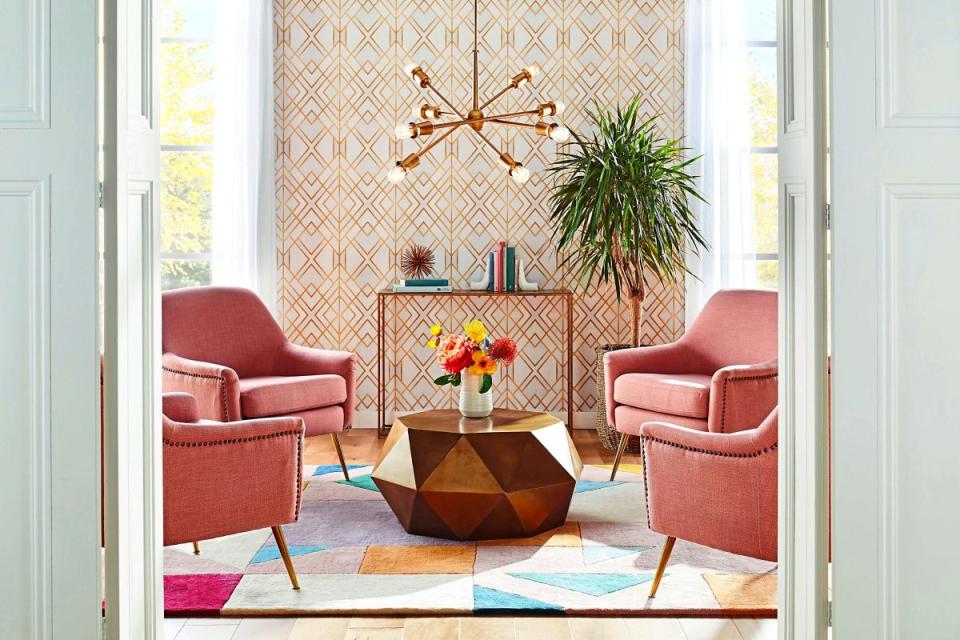 Stick-on wallpaper: Geometric wallpaper living area from Bed, Bath & Beyond