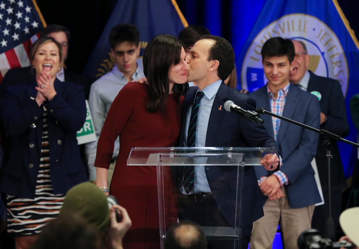 Craig Greenberg kissed his wife Rachel before delivering his acceptance speech after winning the race for Louisville mayor during the Democratic watch party on election night at the Galt House in Louisville, Ky. on Nov. 8, 2022. 