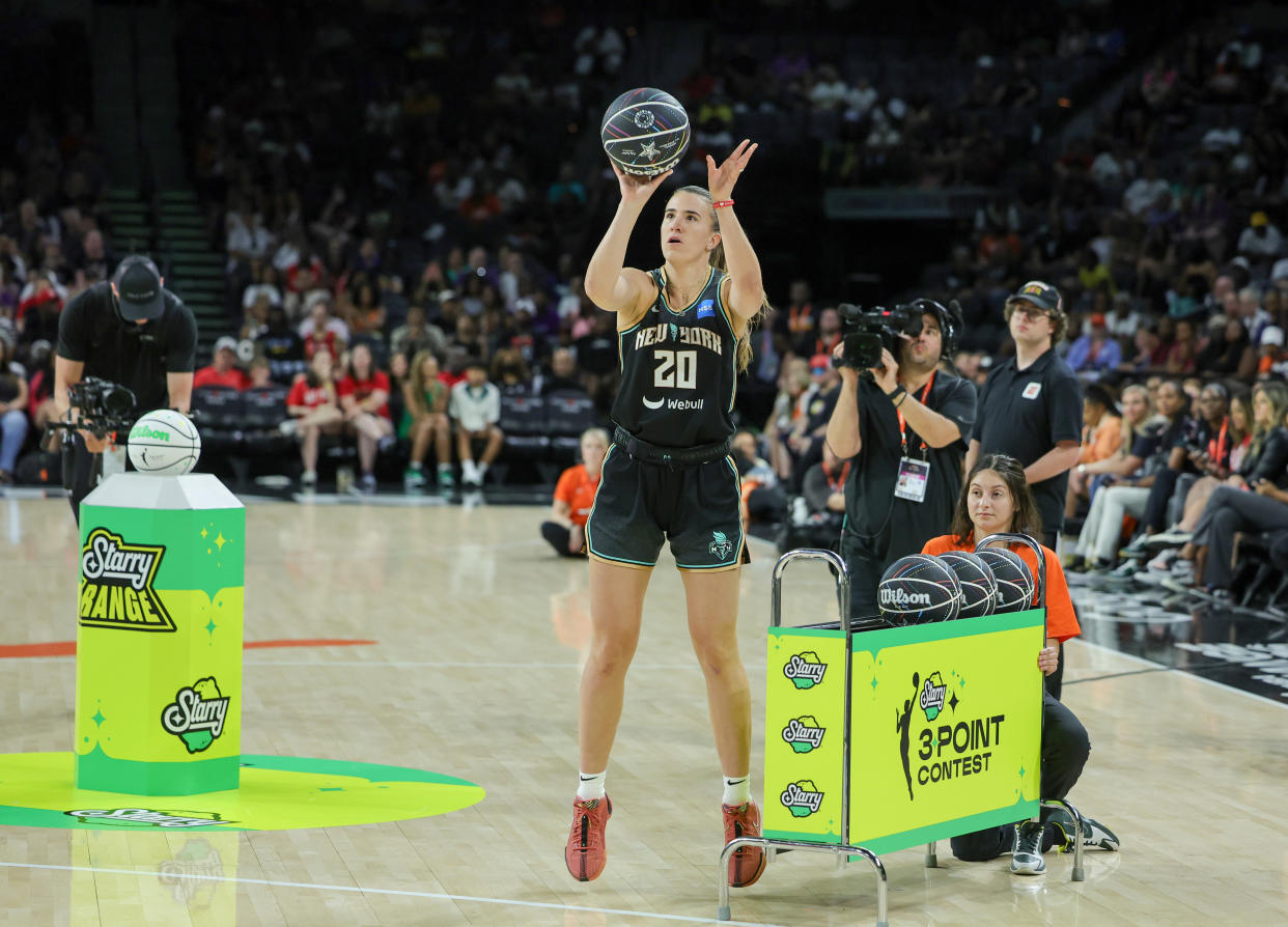 New York Liberty guard Sabrina Ionescu competes in the final round of the 3-Point Contest during WNBA All-Star weekend at Michelob Ultra Arena in Las Vegas on July 14, 2023. (Ethan Miller/Getty Images)