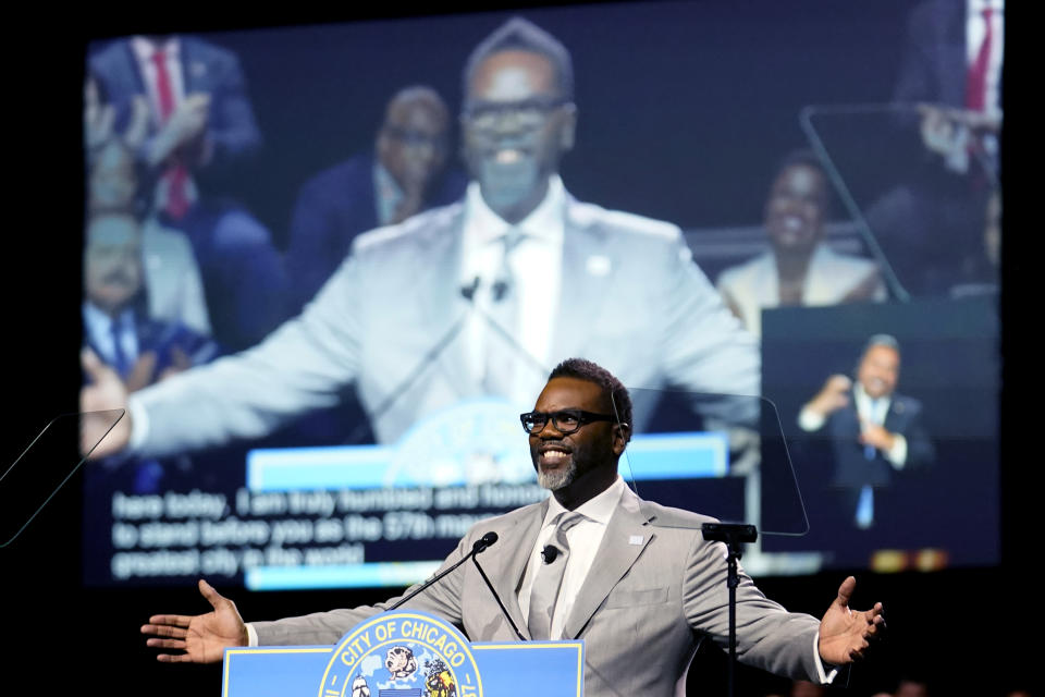 Chicago Mayor Brandon Johnson gestures during his inaugural address after taking the oath of office as Chicago's 57th mayor Monday, May 15, 2023, in Chicago. Johnson, 47, faces an influx of migrants in desperate need of shelter, pressure to build support among skeptical business leaders, and summer months that historically bring a spike in violent crime. (AP Photo/Charles Rex Arbogast)