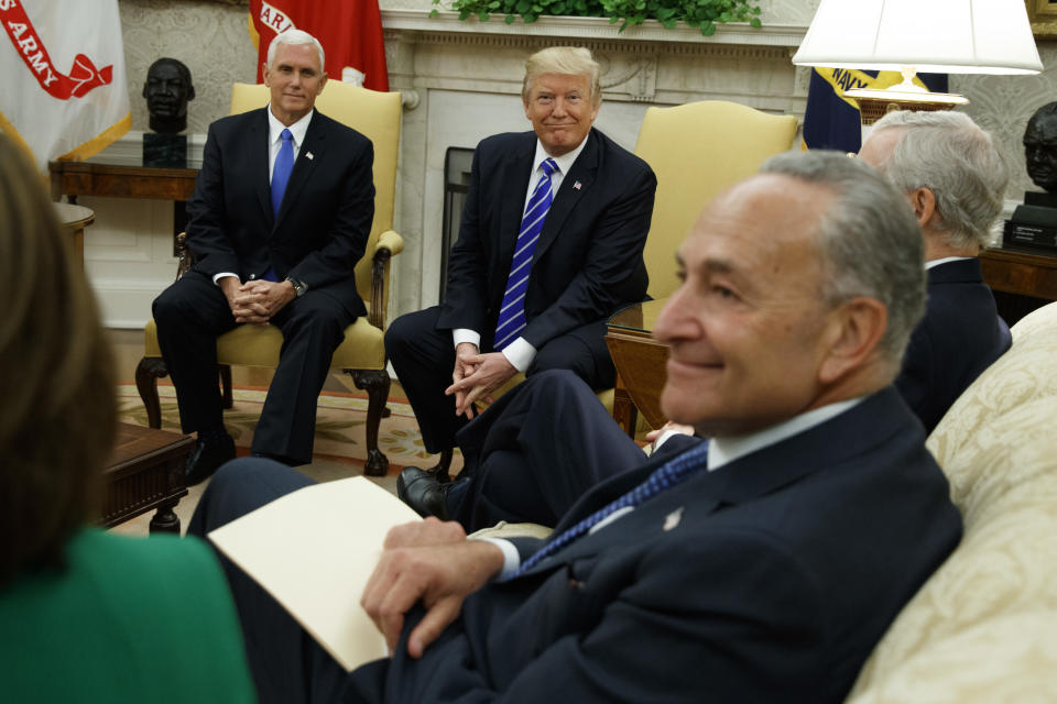 Vice President Mike Pence and President Trump meet in the Oval Office with Senate Minority Leader Chuck Schumer and other congressional leaders, Sept. 6. (Photo: Evan Vucci/AP)