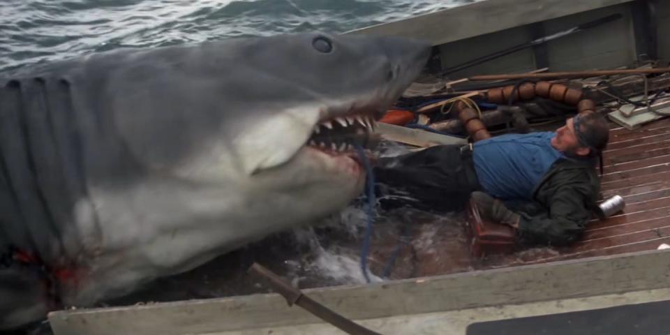 the animatronic shark leaning on the deck of the boat is chewing on the legs of an actor. This shows the scale of the shark compared to the actor.