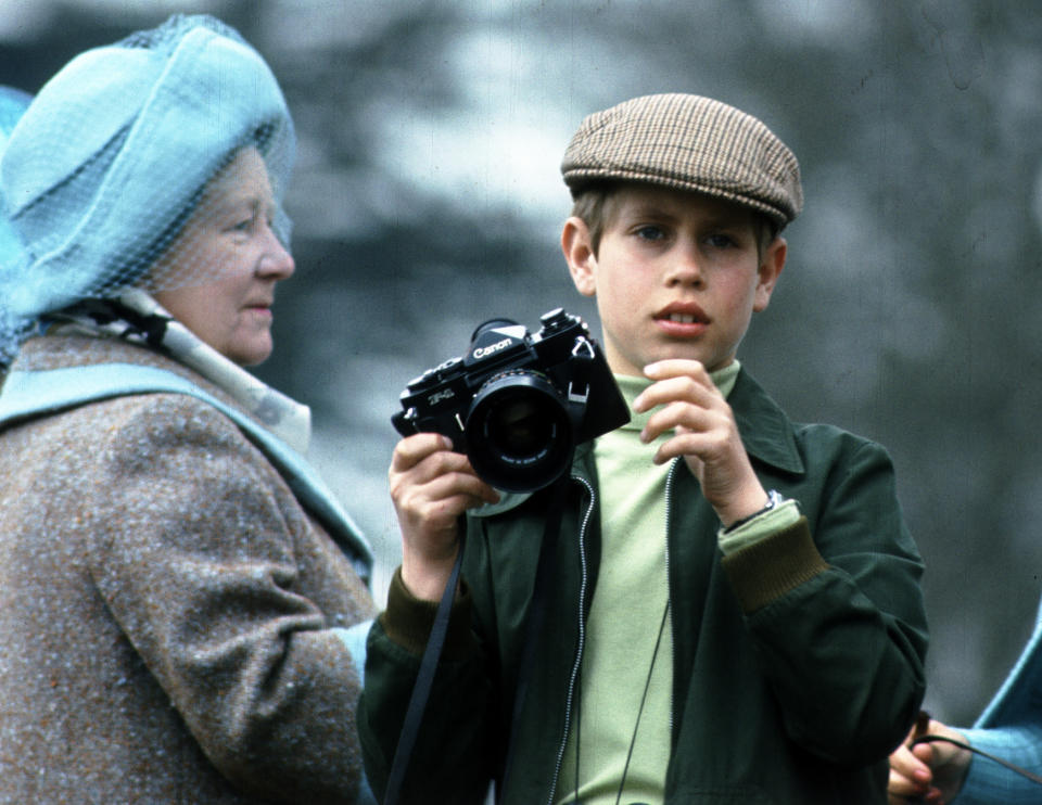 Prince Edward and Queen Elizabeth, the Queen Mother attend the Badminton Horse Trials on April 10, 1976 in Badminton, England