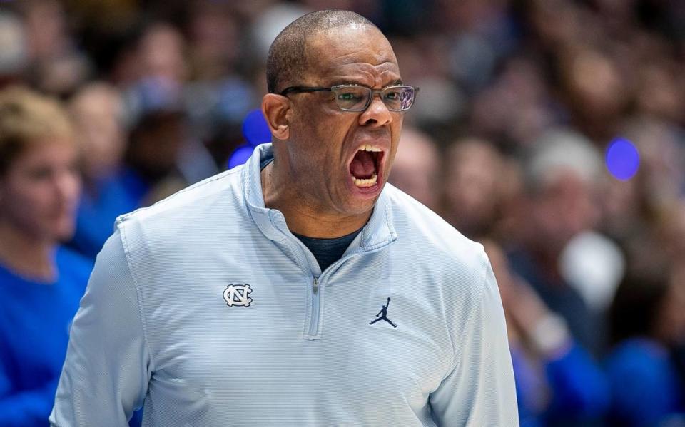 North Carolina coach Hubert Davis gets behind this team as they open an early lead against Duke on Saturday, February 4, 2023 at Cameron Indoor Stadium in Durham, N.C.