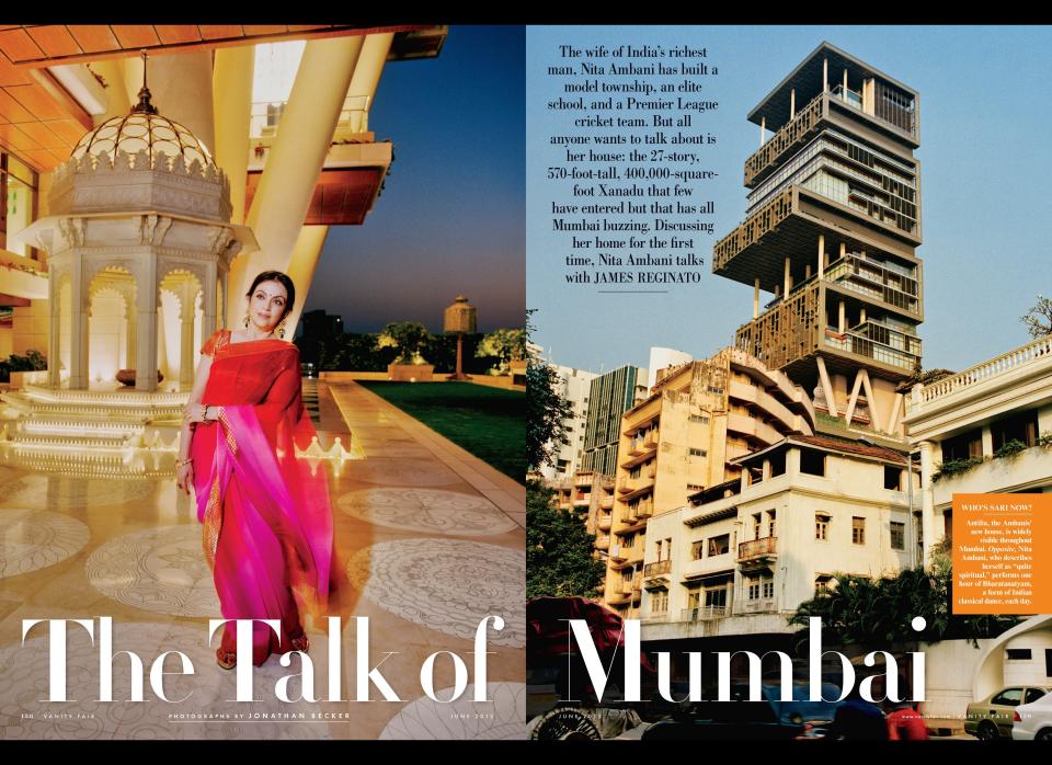 Nita Ambani talks about her 27-story 400,000 sq. foot, $1B home in the <a href="http://www.vanityfair.com/society/2012/06/ambani-residence-photos-inside-architecture">June issue of Vanity Fair</a>. Credit: Jonathan Becker, Courtesy of Vanity Fair    <a href="http://www.vanityfair.com/society/2012/06/ambani-residence-photos-inside-architecture">Read More Here</a>