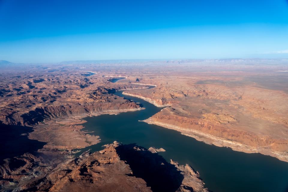 An aerial view of Lake Powell in the Glen Canyon National Recreation Area, Utah, on April 5, 2022.