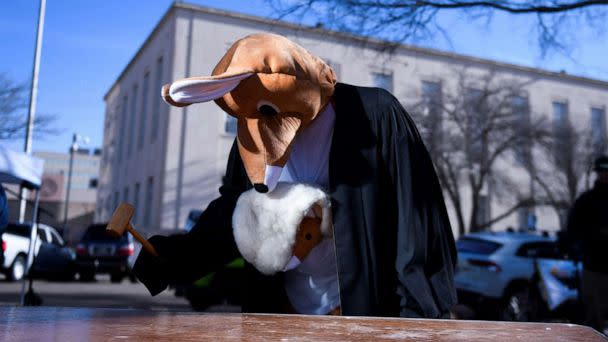 PHOTO: Jaime Cruz bangs a gavel in a kangaroo costume outside of the Federal Courthouse against Alliance for Hippocratic Medicine to pull mifepristone, a drug used in medication abortion, off the market in Amarillo, Texas, March 15, 2023. (Annie Rice/Reuters)