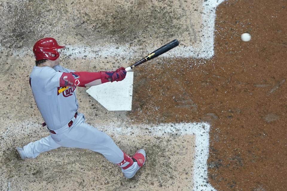 St. Louis Cardinals' Nolan Gorman hits a home run during the seventh inning of a baseball game against the Milwaukee Brewers Tuesday, June 21, 2022, in Milwaukee. (AP Photo/Morry Gash)