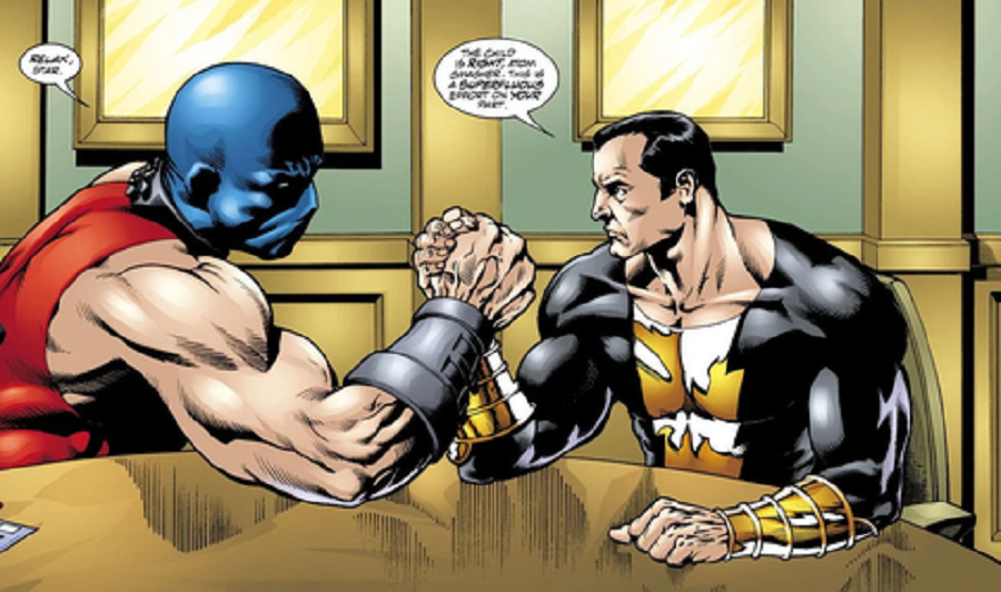 Atom Smasher arm wrestles Black Adam