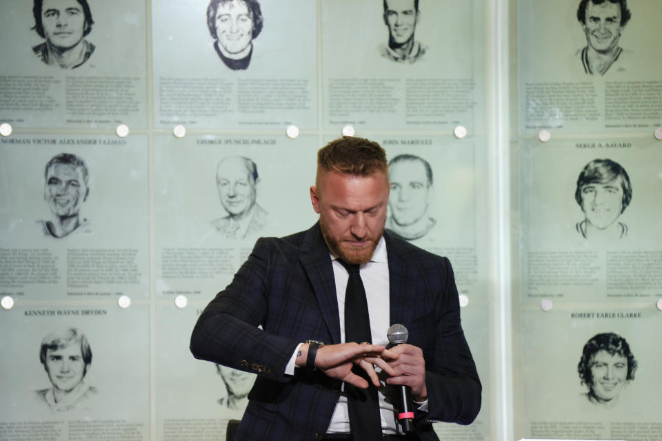 TORONTO, ONTARIO - NOVEMBER 12: Marian Hossa takes part in a press opportunity prior to his induction into the Hockey Hall of Fame at the Hockey Hall Of Fame on November 12, 2021 in Toronto, Ontario, Canada. (Photo by Bruce Bennett/Getty Images)