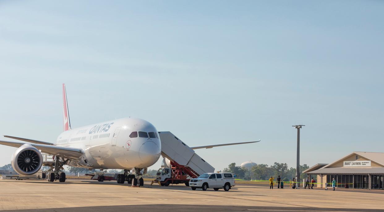 File image shows the first repatriation flight for Australians who were been stranded by India’s second way, which landed in Sydney on 15 May (Australian Department of Defence)