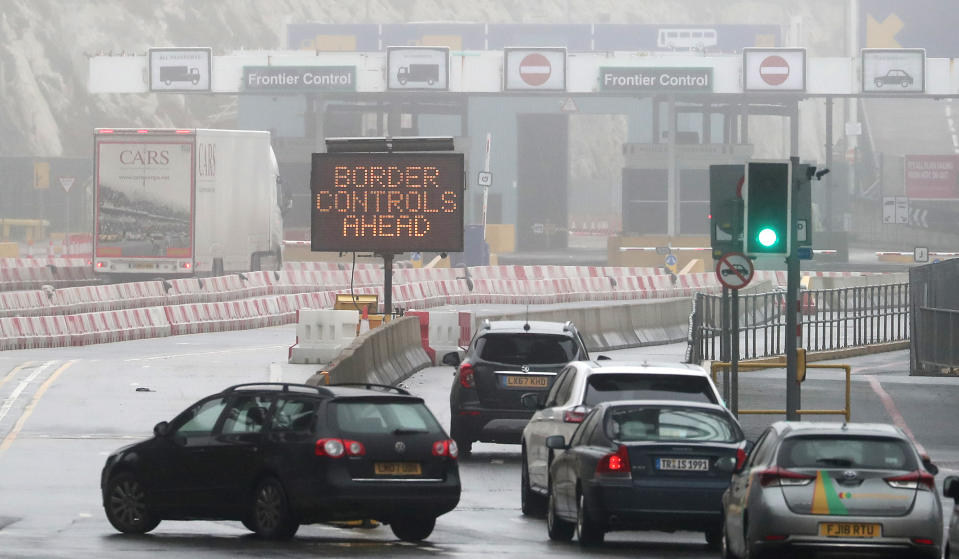 Vehicles arrive at the Port of Dover in Kent, ahead of the UK leaving the European Union at 11pm on Friday.