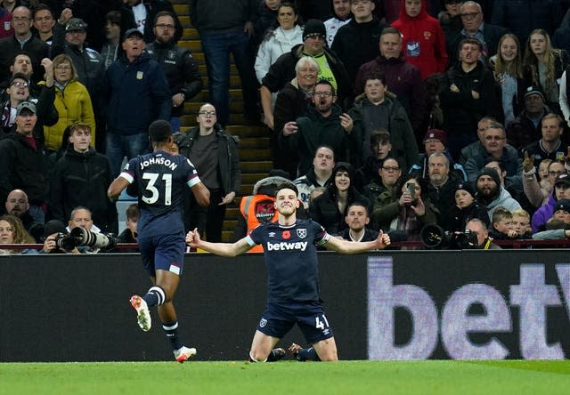 Declan Rice, right, celebrates with fellow goalscorer Ben Johnson