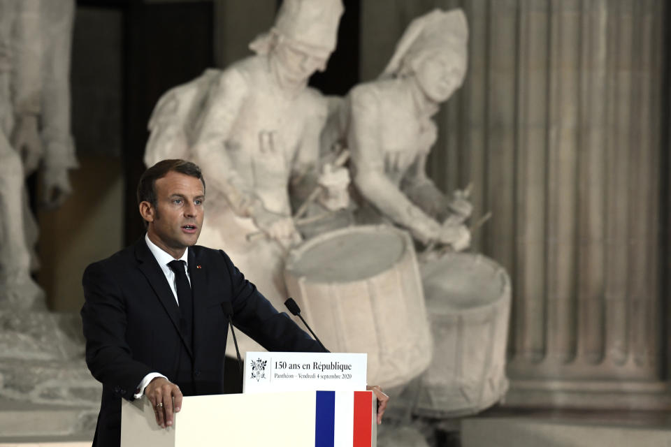 French President Emmanuel Macron speaks during a ceremony to celebrate the 150th anniversary of the proclamation of the Republic, at the Pantheon monument, Friday Sept.4. 2020 in Paris. (Julien de Rosa, Pool via AP)