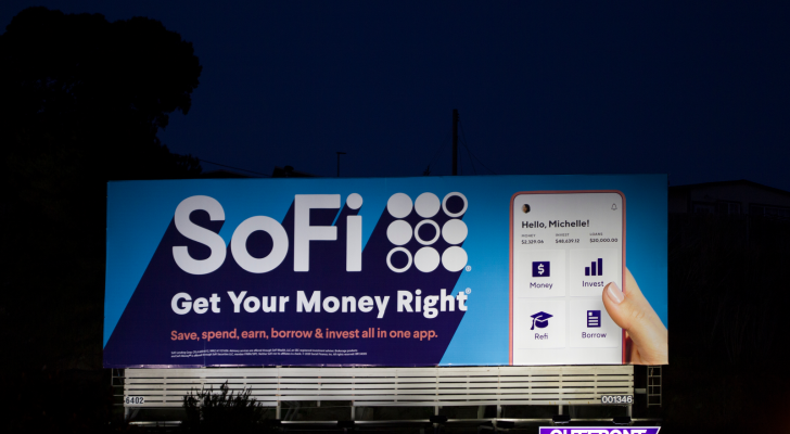 SoFi billboard seen at night.