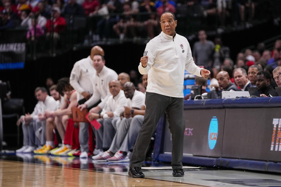 North Carolina State head coach Kevin Keatts reacts during the second half of a Sweet 16 college basketball game against Marquette in the NCAA Tournament in Dallas, Friday, March 29, 2024. (AP Photo/Tony Gutierrez)