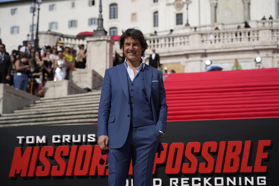 Actor Tom Cruise poses for photographers on the red carpet of the world premiere for the movie "Mission: Impossible - Dead Reckoning" at the Spanish Steps in Rome Monday, June 19, 2023. (AP Photo/Alessandra Tarantino)