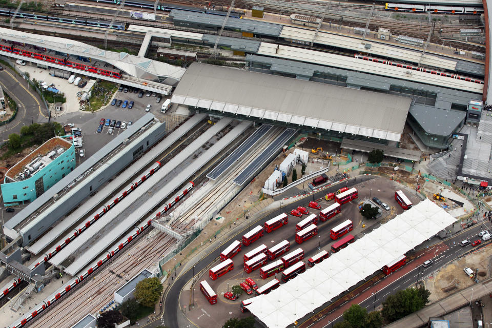 LONDON, ENGLAND - JULY 26: Aerial view of Stratford Interchange, the main station for the Olympic Park for the London 2012 Olympic Games on July 26, 2011 in London, England. (Photo by Tom Shaw/Getty Images)
