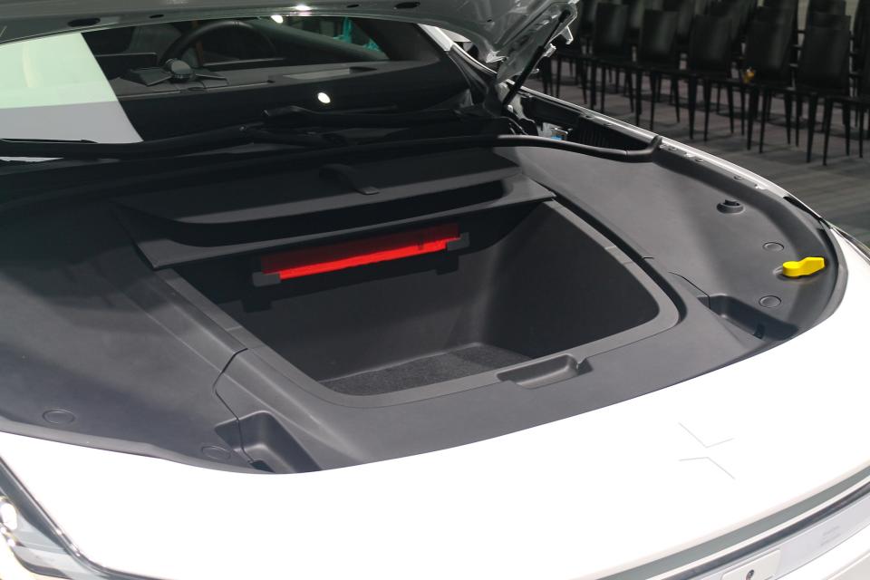 The front trunk of the Polestar 3 electric SUV, with the cover removed.