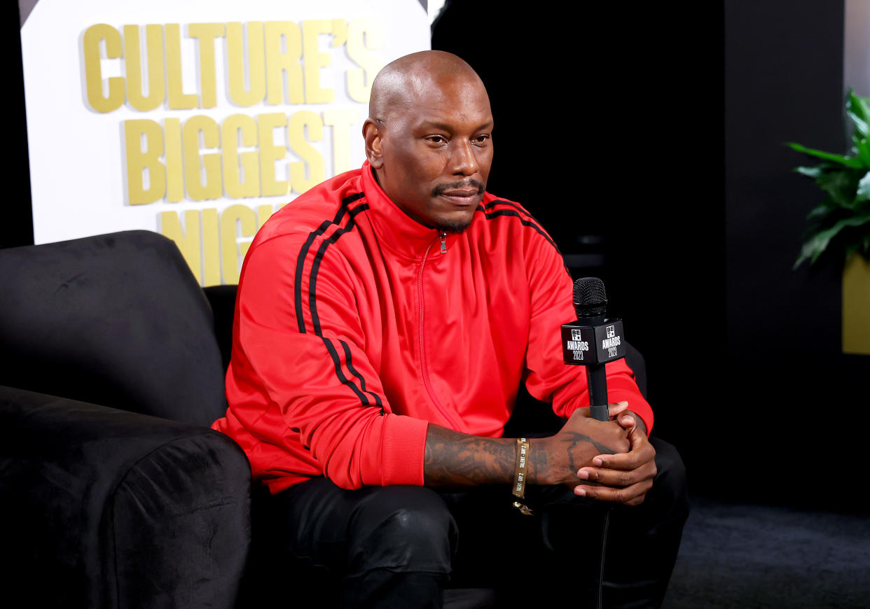 WEST HOLLYWOOD, CALIFORNIA - JUNE 24: Tyrese Gibson  speaks onstage during BET Awards Media House at Quixote Studios West Hollywood on June 24, 2023 in West Hollywood, California. (Photo by Leon Bennett/Getty Images for BET)