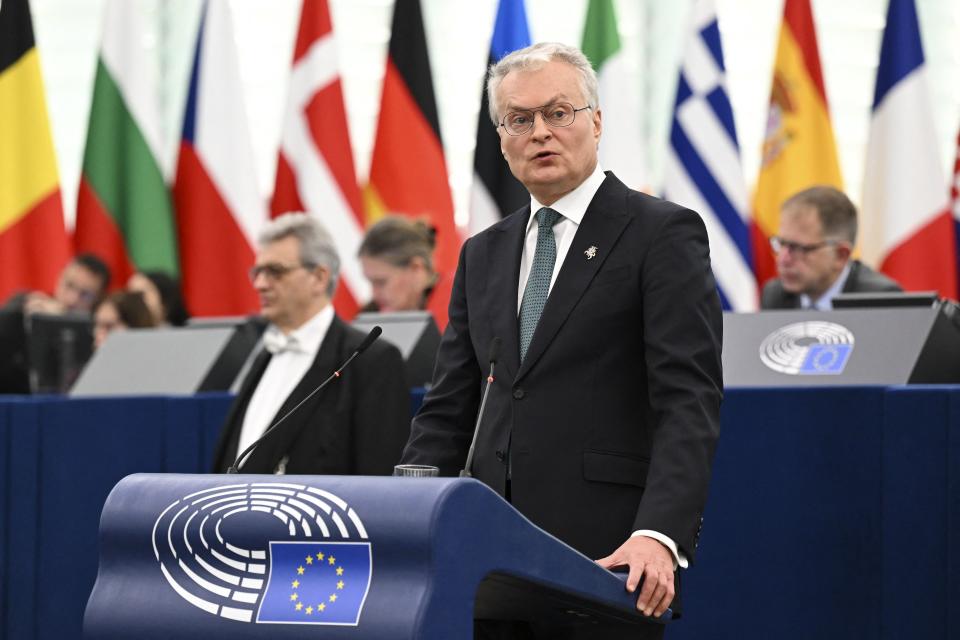 Lithuania's President Gitanas Nauseda delivers a speech during the debate 