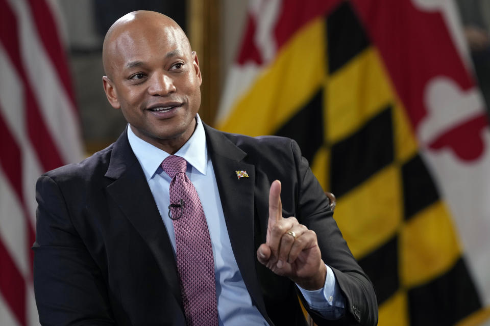 Maryland Gov. Wes Moore speaks during an interview with The Associated Press in Annapolis, Md., Thursday, March 16, 2023. (AP Photo/Susan Walsh)