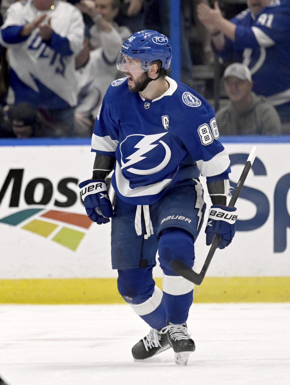 Tampa Bay Lightning right wing Nikita Kucherov (86) celebrates after his first-period goal during an NHL hockey game against the Washington Capitals, Sunday, Nov. 13, 2022, in Tampa, Fla. (AP Photo/Jason Behnken)