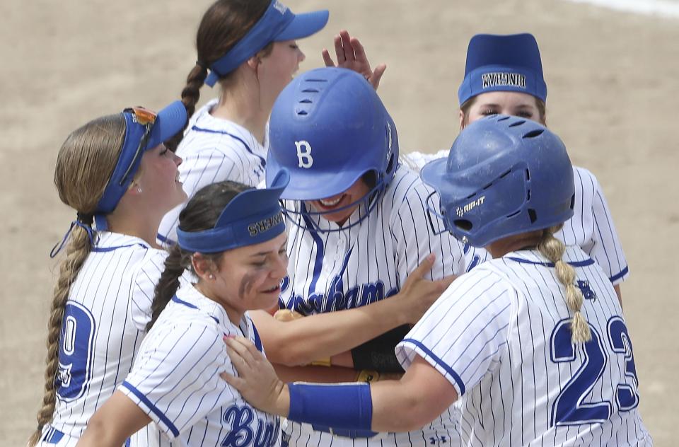 Bingham celebrates a run in the 6A semifinal game against Riverton at the Cottonwood Complex in Murray on Wednesday, May 24, 2023. | Laura Seitz, Deseret News
