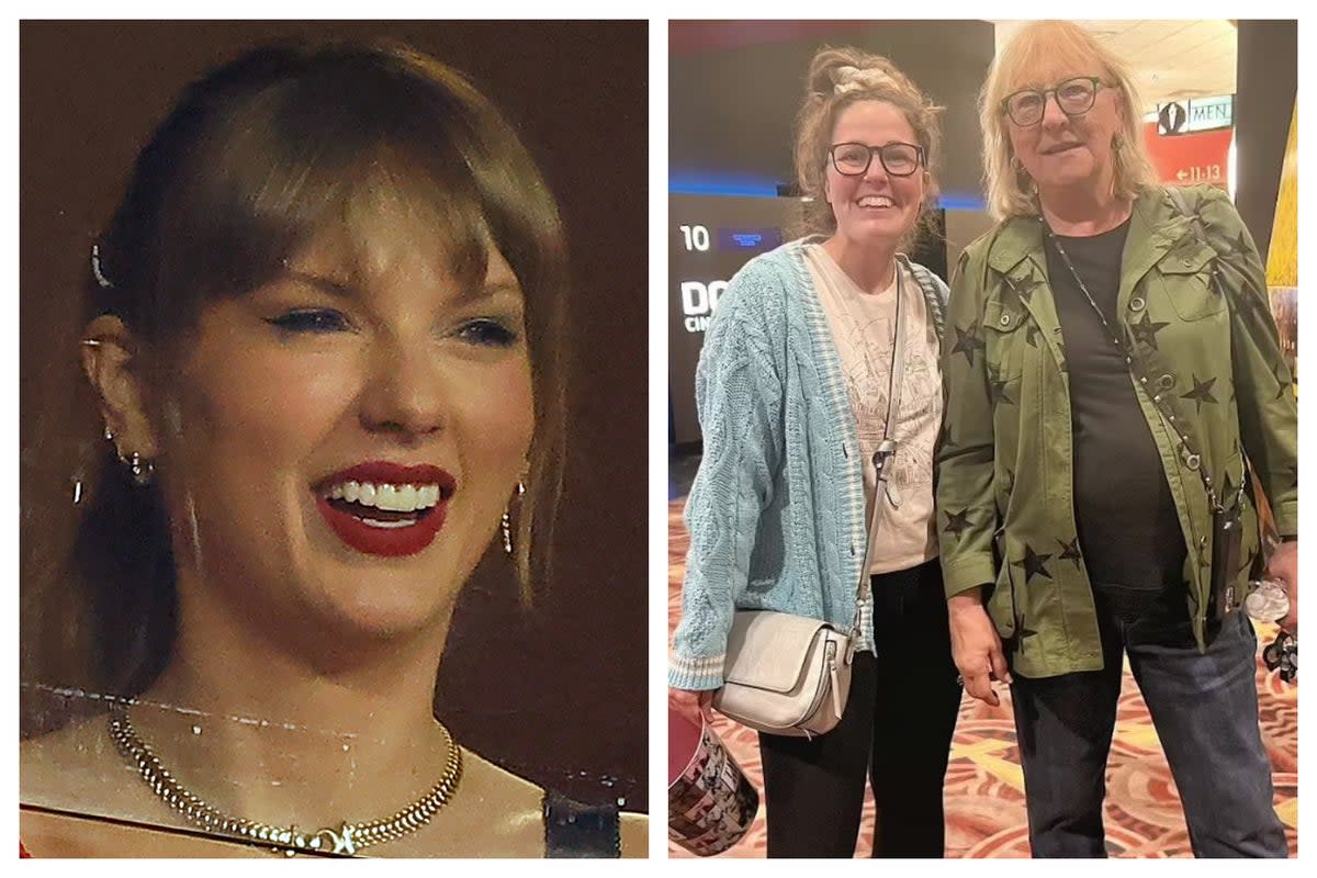 Taylor Swift is dating Travis Kelce. His mother (R) pictured with a fan on Sunday (Getty/madebydannielle/TikTok)