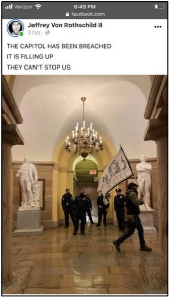 Facebook posts federal prosecutors said depict the inside of the U.S. Capitol during the Jan. 6 riots and were posted by an account associated with Jeffrey Schaefer.