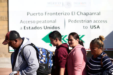 FILE PHOTO: Members of a caravan of migrants from Central America, line up to enter the United States border and customs facility, where they are expected to apply for asylum, in Tijuana, Mexico May 4, 2018. REUTERS/Edgard Garrido/File Photo