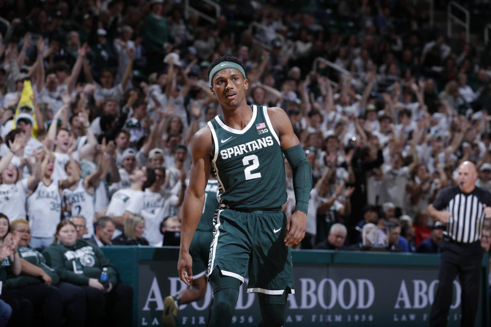 Michigan State's Tyson Walker reacts during the second half of an NCAA college basketball game against Southern Indiana, Thursday, Nov. 9, 2023, in East Lansing, Mich. (AP Photo/Al Goldis)