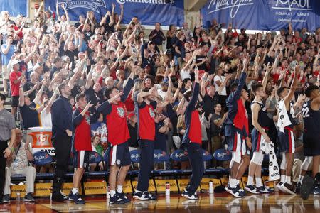 Nov 19, 2018; Lahaina, HI, USA; Gonzaga Bulldogs bench and fans react in a game against the Illinois Fighting Illini during the second half in the Maui Jim Maui Invitational at Lahaina Civic Center. Mandatory Credit: Brian Spurlock-USA TODAY Sports