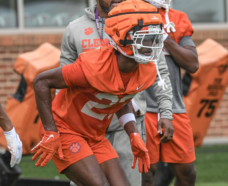 Clemson cornerback Ashton Hampton (23) during the Clemson first football August practice in Clemson, S.C. Thursday August 1, 2024.