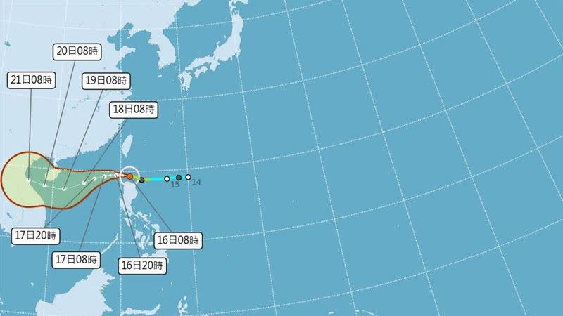 尼莎颱風從台灣南方的巴士海峽穿越而過。（圖／翻攝自氣象局）
