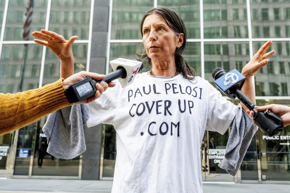 FILE - Gypsy Taub, who has two children with David DePape, speaks with reporters outside the Phillip Burton Federal Building and U.S. Courthouse where DePape's federal trial is underway in San Francisco, Nov. 9, 2023. Taub, the former partner of the conspiracy theorist charged with breaking into former House Speaker Nancy Pelosi's home in 2022, has been banned from the public gallery Tuesday, June 18, 2024, as DePape's state trial wrapped up.(AP Photo/Noah Berger, File)