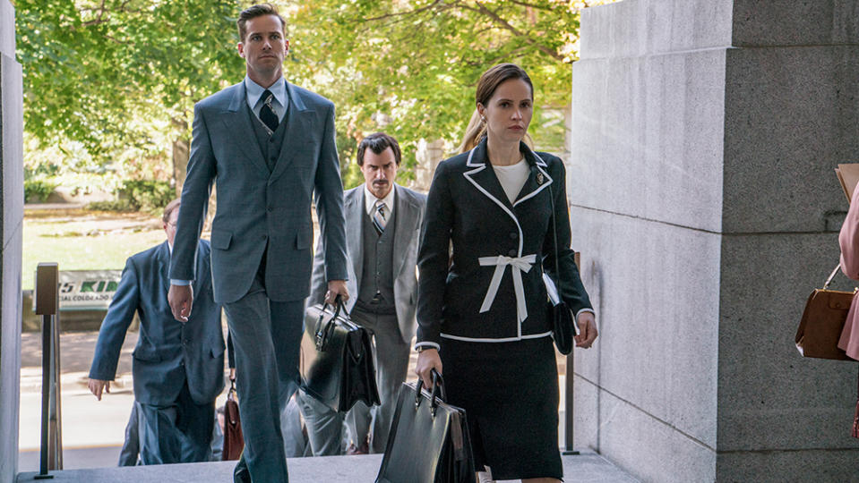 (l to r.) Armie Hammer as Marty Ginsburg, Justin Theroux as Melvin Wulf, and Felicity Jones as Ruth Bader Ginsburg star in Mimi Leder's ON THE BASIS OF SEX, a Focus Features release.