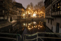 Christmas lightings are pictured where the Christmas market usually takes place, Friday, Nov.27, 2020 in Strasbourg, eastern France. Due to the COVID-19 pandemic, the well-known festive market will not be taking place this year. (AP Photo/Jean-Francois Badias)