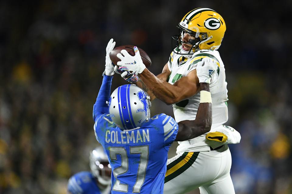 Justin Coleman #27 of the Detroit Lions defends a pass intended for Allen Lazard #13 of the Green Bay Packers during the second half at Lambeau Field on October 14, 2019 in Green Bay, Wisconsin.