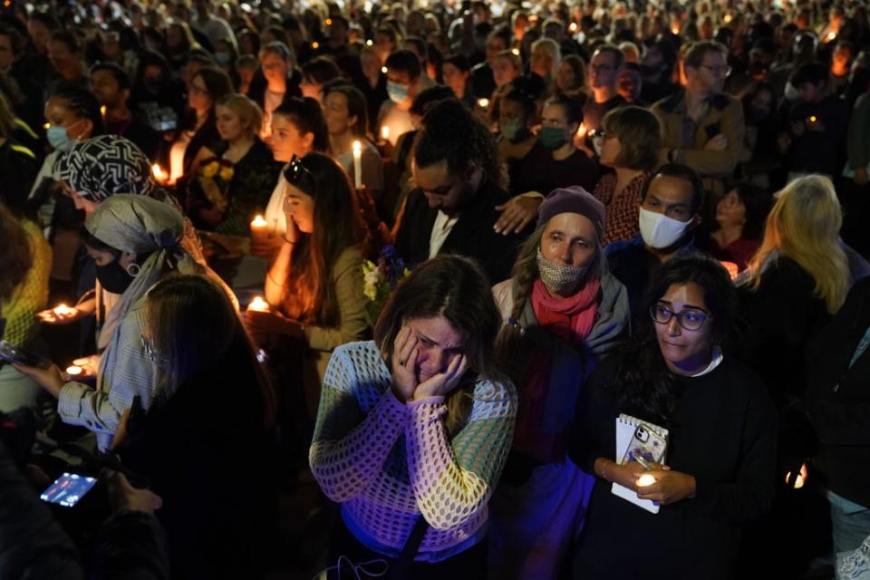 People attend a vigil in memory of Sabina Nessa and in solidarity against violence against women at Pegler Square in Kidbrooke, south London (PA)