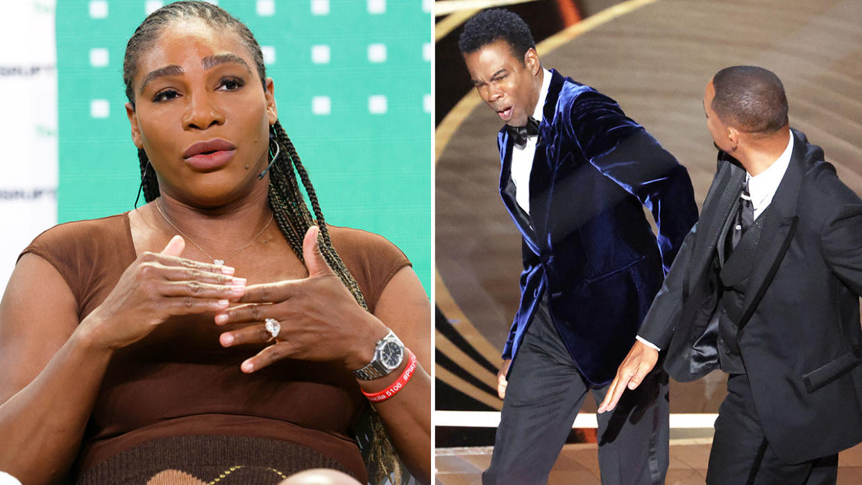 Pictured left is Serena Williams and the right photo shows the infamous Will Smith Oscars slap on Chris Rock.