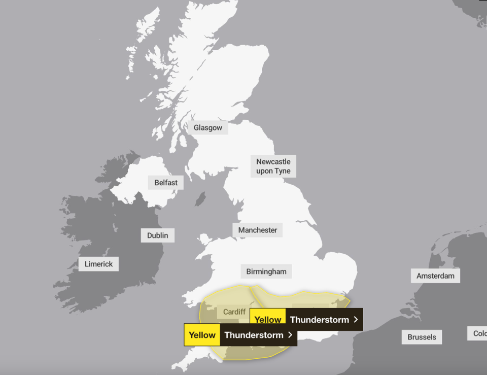 Two yellow thunderstorm warnings were in place across southern England (Met Office)