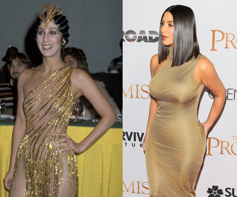 Kim wears a vintage Versace dress in gold, which looked similar to a dress the singer wore in 1978