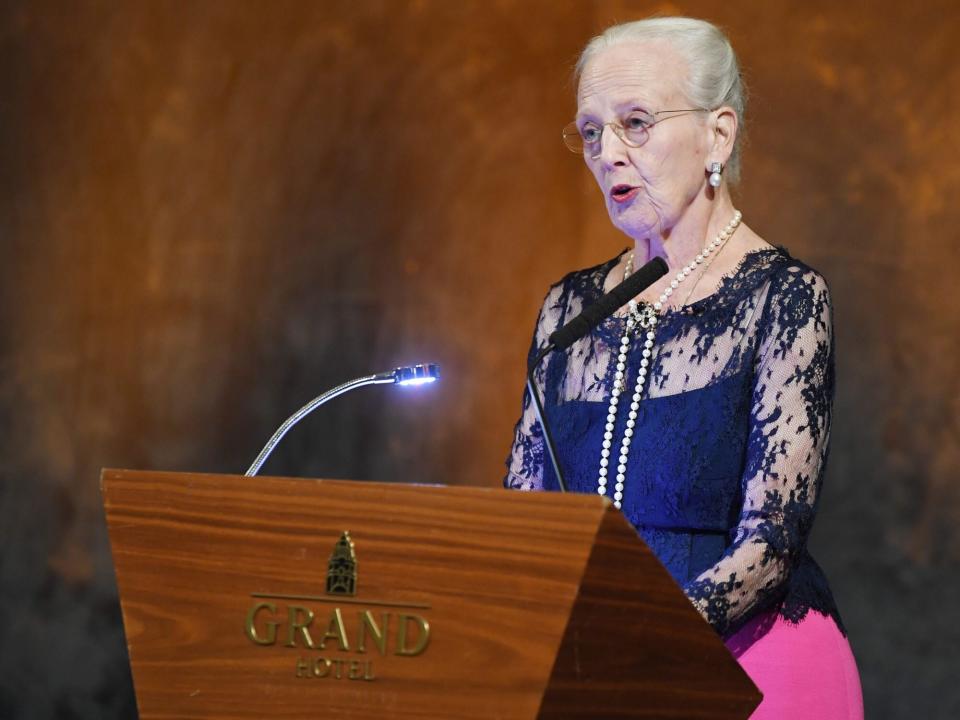 OSLO, NORWAY- SEPTEMBER 26: Queen Margrethe of Denmark speaks as the recipient of this year's Nordic Association's Language Award on September 26, 2022 in Oslo, Norway. (Photo by Rune Hellestad/Getty Images)