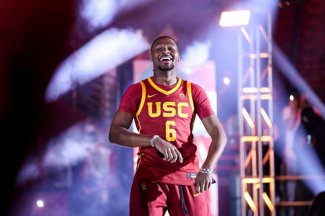 <p>Meg Oliphant/Getty</p> Bronny James #6 of the USC Trojans is introduced during the Trojan HoopLA event at Galen Center on Oct. 19, 2023 in Los Angeles, California