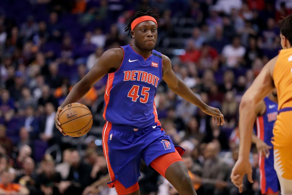 Detroit Pistons forward Sekou Doumbouya dribbles against the Phoenix Suns during the first half Friday, Feb. 28, 2020, in Phoenix.